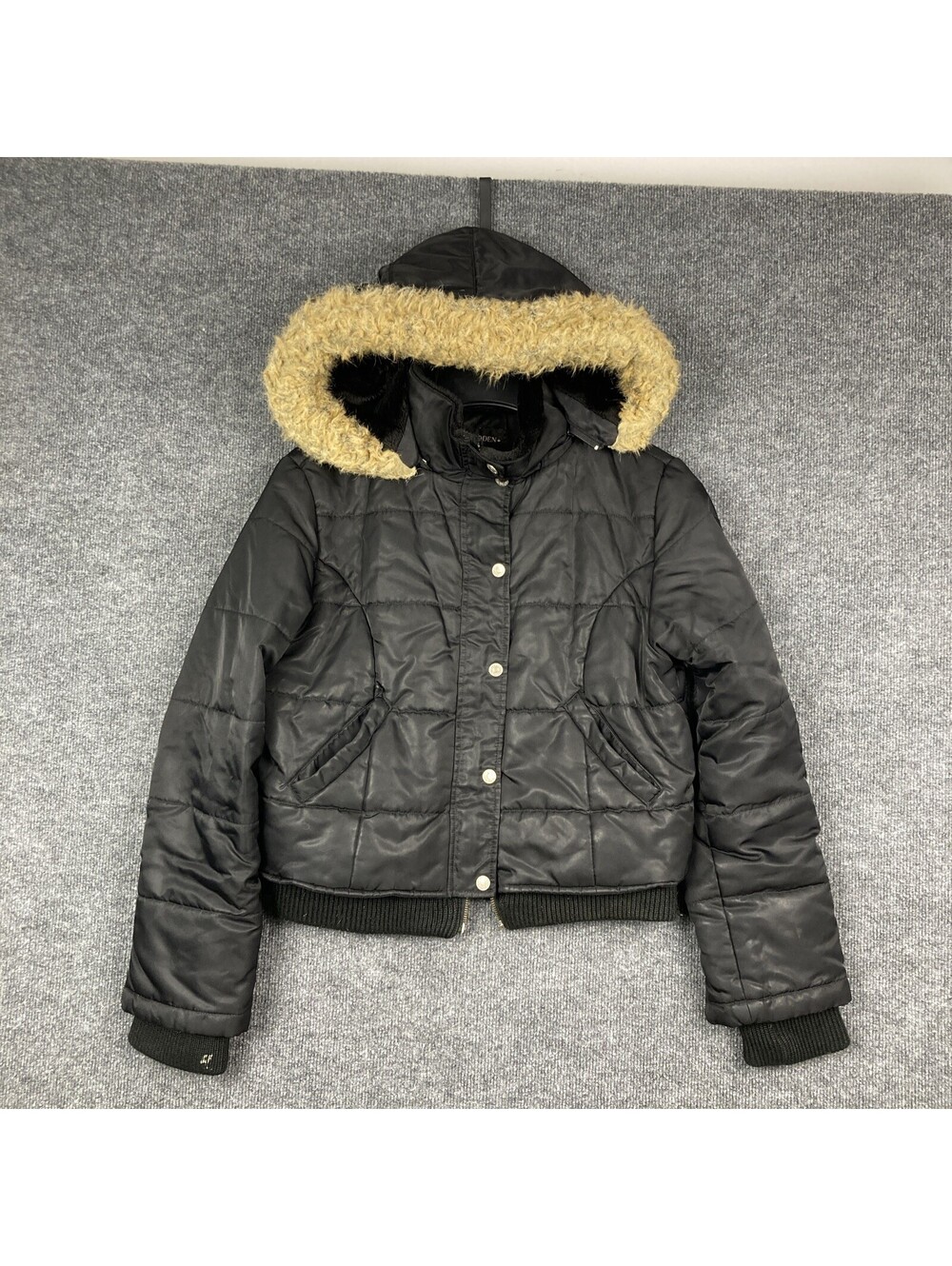 Steve Madden Womens Size Large Black Puffer Pocket Jacket w/ Faux Fur Hood